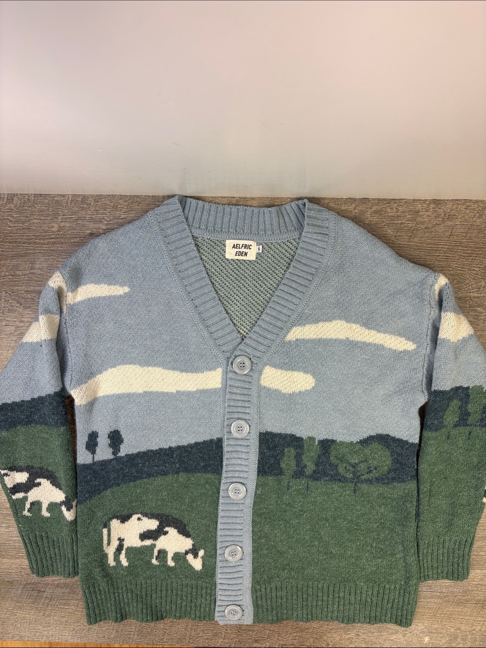 Aelfric Eden Pastoral Cow Graphic Button Cardigan Sweater Size Small